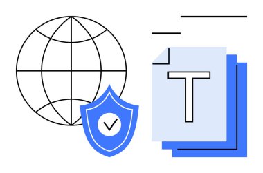 Dünya bağlantıyı sembolize ediyor, güvenlik işaretli kalkan, bilgi için istiflenmiş belgeler. Siber güvenlik, veri gizliliği, küresel iletişim, uyum, güven, teknoloji için ideal