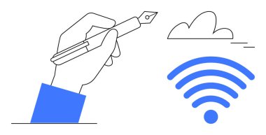 Bulutlu ve kablosuz sinyalli dolmakalem yaratıcılık, bağlantı, iletişim, uzaktan çalışma, yenilik, dijital öğrenme ve takım çalışmasını gösteriyor. Basit düz metafor için ideal