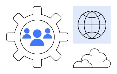 Takım ikonu, küre ve bulutları ile donanım takım çalışmasını, küresel bağlantıyı, yeniliği temsil eder. İş, teknoloji, ağ, yönetim, bulut hesaplama küreselleşme için idealdir. Basit düz