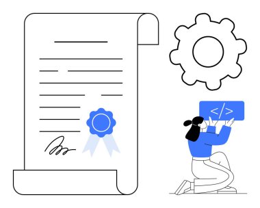 Mühürlü imzalı sertifika, büyük vites simgesi ve kod sembolü tutan bir müteahhit. Sertifika, programlama, geliştirme, eğitim, eğitim, yenilik için ideal basit bir iniş sayfası