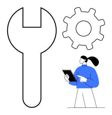 Büyük İngiliz anahtarı ve vites sembollerinin yanında duran bir tablet tutan kadın. Teknoloji, mühendislik, onarım, bakım, problem çözme, hizmet yönetimi, basit iniş sayfası için ideal