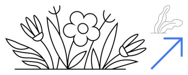 Şekil verilmiş çiçekler, yapraklar ve büyüyen bir ok doğa, büyüme, ilerleme, sürdürülebilirlik ve başarıyı işaret ediyor. Konseptler için ideal olan ekoloji gelişimi, refah ve dönüşümü desteklemektedir. Basit.