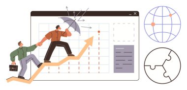 Yükselen bir grafikte işbirliği yapan iki kişi, bir şemsiye ile korunuyor, büyüme ve esnekliği sembolize ediyor. Takım çalışması, küresel strateji, risk yönetimi, ilerleme ve iş çözümleri için ideal