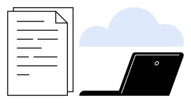 Bir dizüstü bilgisayar ve online dosya depolama, paylaşma ve işbirliğini temsil eden bir bulut yığınının yanında. Ofis araçları, bulut teknolojisi, üretkenlik, uzaktan çalışma, dijital yedekler için ideal
