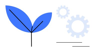 Işık dişlilerinin yanındaki mavi yapraklar dengeyi, yeniliği ve çevre dostu ilerlemeyi simgeliyor. Sürdürülebilirlik, ekoloji, takım çalışması, sanayi, yenilik, yeşil çözümler eko-ilerleme için ideal