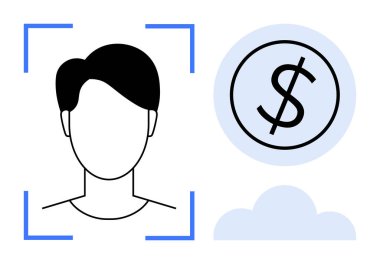 Bulut şeklindeki bir çemberin içinde dolar işaretinin yanındaki tarama hatlarıyla çerçevelenmiş kafa hatları. Finans, teknoloji, biyometri, güvenlik, dijital kimlik, online ödeme, fintech için ideal. Basit düz