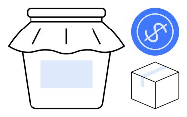 Düzgün ambalajlı kavanoz, karton nakliye kutusu ve bir dolar ikonu. E-ticaret, ürün markalaşması, ambalaj, ticaret, nakliye, lojistik fiyatlandırma stratejileri ve girişimcilik için ideal. Basit.