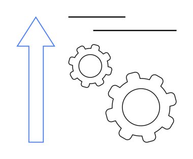 Büyümeyi, gelişmeyi ve iş akışını temsil eden iki dişlinin yanında yukarı doğru ok. İlerleme için ideal, takım çalışması, iş stratejisi, yenilik, rehberlik, yön basit iniş sayfası