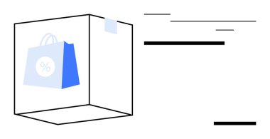 Üzerinde indirim sembolü olan mavi bir alışveriş çantası olan bir kutu. E-ticaret, hızlı teslimat, ambalaj, perakende satış, promosyon, pazarlama, online alışveriş için ideal. Basit düz metafor