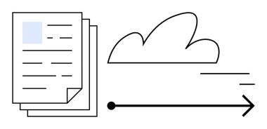 Hareketi sembolize eden bir okla buluta bağlanan kağıt yığınları. Veri göçü, bulut depolama, dosya paylaşımı, dijital dönüşüm, verimlilik, işlem otomasyonu için ideal