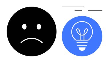 Üzgün yüz simgesi, içinde parlayan bir ampul bulunan mavi bir çemberle çelişiyor. Duygular, yenilik, sorun çözme, akıl sağlığı, ifade, yaratıcılık için ideal, basit iniş sayfası