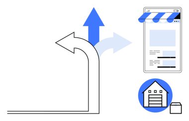 Oklar stratejik seçenekleri sembolize eder, e-ticaret mağazalarının ön tasarımını, lojistiği ve depolamayı birbirine bağlar. İş stratejisi, çevrimiçi alışveriş, tedarik zinciri, büyüme, lojistik karar verme mekanizması için ideal