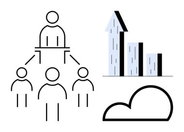 Lider ve takım hiyerarşisinin şekillendirilmiş diyagramı, yukarı doğru grafik büyümesi ve bulut teknolojisi. Takım çalışması, büyüme, yönetim, iş planlaması, ağ oluşturma, dijital strateji basit iniş sayfası için ideal