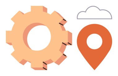 Büyük teçhizat, lokasyon iğnesi ve ana hatlı bulut yenilik, haritalama ve ağları temsil ediyor. Teknoloji, navigasyon, takım çalışması, bulut hesaplama süreci optimizasyon bağlantısı için ideal