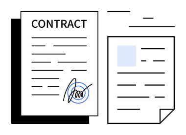 Cesur bir ünvan, imza ve destekleyici belge ile imzalanmış bir sözleşme. Yasal, iş, evrak, anlaşma, resmi belge, yetki ve basit iniş sayfası için ideal