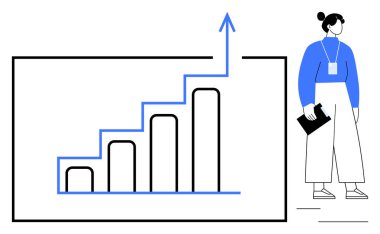 İş kadını, büyüme okuyla bar tablosunu inceliyor. Başarı, büyüme, iş, veri analizi, liderlik, strateji, profesyonel gelişim için idealdir. Temiz çizgiler basit bir düz metaforu vurguluyor