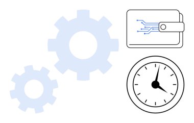 Vitesler, saat ve dijital cüzdan otomasyon, zaman yönetimi ve finansal teknolojiyi gösteriyor. Finans için ideal, üretkenlik, teknoloji, planlama yenilik çalışma akışı modern iş