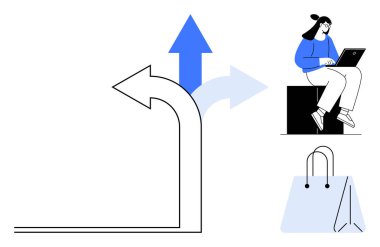 Seçenekleri gösteren oklar, dizüstü bilgisayarda çalışan kadın, alışveriş çantası. Karar verme, e-ticaret, çevrimiçi iş, yaşam tarzı, seçim, tüketici stratejisi planlaması için ideal basit düz metafor