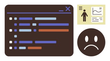Renkli çizgileri olan kod penceresi, analiz panosu ve üzgün yüz iletim sorunları, hata ayıklama, sorun giderme ve başarısızlık. Yazılım geliştirme, problem çözme, bilişim zorlukları için ideal
