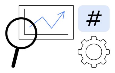Büyüteç yukarı bakan grafik, vites sembolü ve meta veri etiketi araştırma, büyüme, eğilimler ve işlevselliği temsil ediyor. İş, analitik ve pazarlama stratejisi geliştirme için ideal