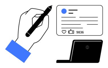 Sosyal medya paylaşımının yanında el ele tutuşma ve dizüstü bilgisayarın yanında nişan değerlendirmesi. Dijital pazarlama, sosyal medya stratejisi, blog yazma, çevrimiçi eğitim ve içerik yazımı için ideal