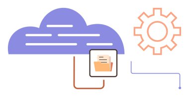 Bağlı klasörü olan bulut, veri yönetimini sembolize eden ekipman, otomasyon. Teknoloji, bulut hesaplama, veri depolama, iş akışı, verimlilik yazılımı dijital dönüşümü için ideal. Basit düz