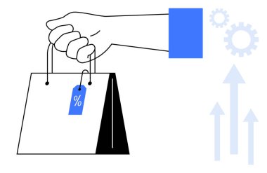Yüzdelik etiketli el çantası, dişliler ve yükselen oklar alışverişi, indirimi, iş büyümesini, pazarlamayı, e-ticareti, perakende başarısını, basit düz metaforu simgeliyor.