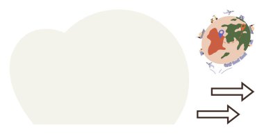 Sağ taraftaki oklar eşliğinde lokasyon iğnesi, uçak ve güzergahları olan bir dünya. Küresel ticaret, lojistik, iş büyümesi, navigasyon, dağıtım, seyahat planlama için ideal basit düz metaforlar