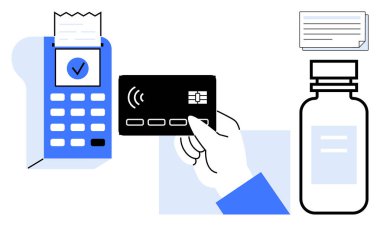 Ödeme terminalinin yanında bir kredi kartı tutuyor, makbuzu tamamlandığını gösteriyor. İlaç şişesi ve reçeteli ilaç. Sağlık, eczane, ödeme, temassız alım-satım, e-ticaret için ideal