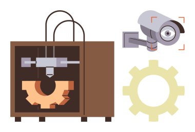 3D yazıcı teçhizat şekli, duvara monte edilmiş güvenlik kamerası ve dişli ikonu. Üretim, teknolojik yenilik, endüstri, güvenlik, tasarım otomasyonu ve verimlilik için ideal. Basit düz metafor