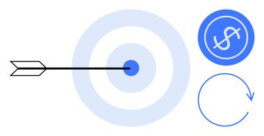 Ok tam isabet, dolar simgesi ve dairesel ok. Hedefler, başarı, odaklanma, mali başarı, strateji motivasyonu için ideal. Basit düz metafor