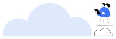 Büyük bir bulut grafiğinin yanında elinde tablet tutan kişi teknoloji, veri ve bulut hesaplamalarını birleştiriyor. Depolama, teknoloji, veri yönetimi, yenilik, iş dijital dönüşümü için ideal basit