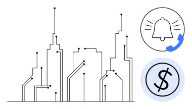Çevre çizgileri, bağlantılar oluşturan şehir manzarası, bildirim, çağrı ve finans için dairesel simgeler. Teknoloji, iletişim, IOT, yenilik, kentsel büyüme işi için ideal basit