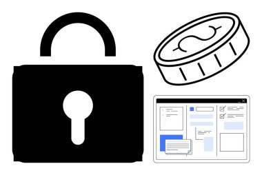 Kilitli asma kilit, bozuk para ve dijital tarayıcı arayüzü güvenlik, finans, güven ve çevrimiçi güvenlik temalarını vurguluyor. Siber güvenlik, çevrimiçi ödeme, veri şifreleme gizlilik e-ticaret için ideal