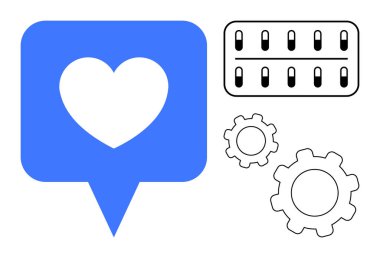 Mavi sohbet balonu, iki dişli ve minimalist sunucu paneli. İletişim, teknoloji, yenilik, takım çalışması, dijital destek, veri yönetimi basit iniş sayfası için ideal