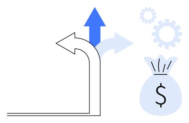 Farklı yönlere doğru dallanan oklar, planlamayı temsil eden vitesler ve finansal başarıyı simgeleyen bir para çantası. İş stratejisi, yatırım planlaması ve karar verme süreci için ideal