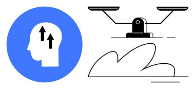 Mavi daireli yukarı doğru okları olan insan kafası, eşitliği ve karar vermeyi temsil eden dengeli pulların yanında fikirleri veya büyümeyi sembolize ediyor. Yenilik, büyüme, denge ve beyin fırtınası için ideal