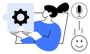 Dişli sembollü yapboz parçası tutan kadın. Ses kaydı ve gülümseme simgeleri. Takım çalışması, problem çözme, teknoloji, yenilik, yaratıcı düşünce, iletişim, basit iniş sayfası için ideal