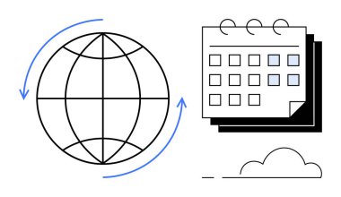 Döndürme okları, takvim sayfaları ve küresel zaman yönetimi, planlama ve bağlantıyı sembolize eden bir bulut anahatlı dünya. Zamanlama, organizasyon, verimlilik ve küresel işbirliği için ideal