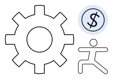 Büyük teçhizat, dairenin içinde dolar işareti ve hareket dengeleme şekli verimliliği, finansal planlamayı ve genel olarak refahı gösteriyor. İş, ekonomi, büyüme ve denge verimliliği için ideal