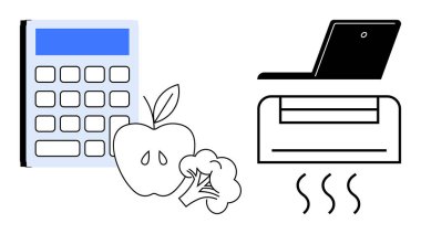 Hesap makinesi, elma, brokoli, laptop, buhar hatlı klima. Sağlık için ideal, iş-yaşam dengesi, üretkenlik sağlık enerji verimliliği uzaktan çalışma minimalizmi. Basit düz metafor