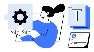 Bir dişli bulmaca parçası tutan kadın figürü, metin belgeleri ve kullanıcı profilleri içeren bir kontrol listesi. Takım çalışması, üretkenlik, organizasyon, süreç optimizasyonu, proje yönetimi, kariyer için ideal