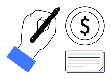 Dolar parasının yanında el ele tutuşma kalemleri ve istiflenmiş kağıtlar yazı, finans, planlama, sözleşmeler, iş, eğitim, yatırım ve karar vermeyi sembolize eder. Basit düz metafor için ideal