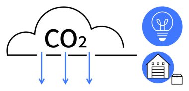 Aşağıya bakan oklarla karbondioksit bulutu, ampul ve ev ikonu. Enerji verimliliği, karbon emisyonu, sürdürülebilirlik, yenilenebilir enerji, yeşil yaşam, çevresel farkındalık için idealdir.