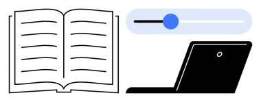Okumak için açık bir kitap, çevrimiçi kaynaklar için dizüstü bilgisayar ve takip için ilerleme kaydırıcı. Eğitim, e-öğrenim, öğrenim, bilgi paylaşımı, dijital araçlar, akademik büyüme için ideal düz metafor