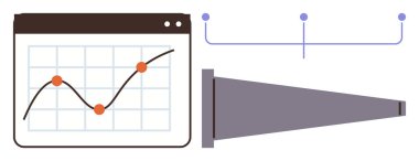 Çizelge üzerinde veri noktaları olan çizgi grafiği, ana hatları belirleyen huni diyagramı ve birbirine bağlı düğümler. Çalışma akışı, analiz, ilerleme, süreç haritalama, optimizasyon, dönüşüm için ideal düz