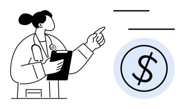 Doktor elinde bir pano, bir dolar çemberini gösteriyor, tıbbi faturaları, hasta giderlerini ya da sağlık giderlerini sembolize ediyor. Sağlık finansmanı, tıp ekonomisi, maliyet verimliliği ve sigorta için ideal