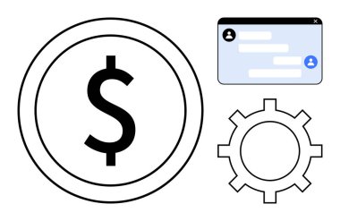Çemberdeki dolar sembolü finans, iletişim için sohbet arayüzü, iş akışı için teçhizat. Finans, teknoloji araçları, iş akışı, iletişim, optimizasyon, işbirliği için ideal