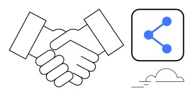 İşbirliğini simgeleyen el sıkışma illüstrasyonu, paylaşım ikonu ve bir bulut ögesi tarafından gösterilen ortak fikirler. Takım çalışması, ağ oluşturma, ortaklık, bağlantı, güven, yenilik için ideal, basit
