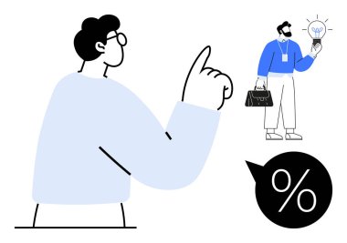 Elinde ampul tutan bir adam evrak çantasıyla fikir gösteriyor. Büyük el yüzde işaretini işaret ediyor. Yenilik, finans, iş stratejisi, pazarlama, içgörü, sunumlar için ideal, basit düz metafor